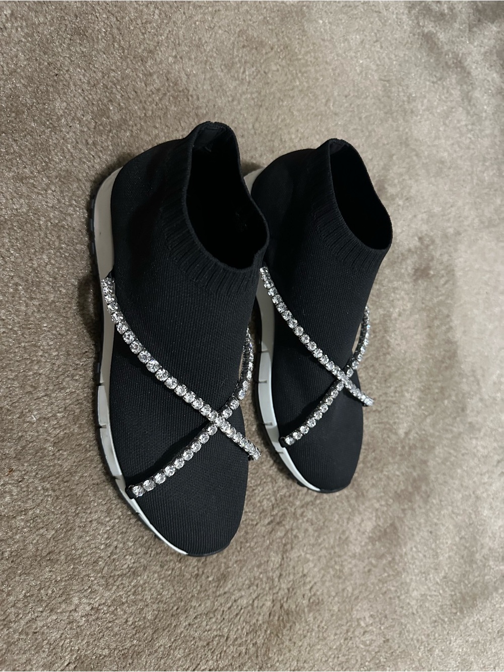 Jimmy Choo Black Knit Slip-On Sneakers with Crystal Cross Straps